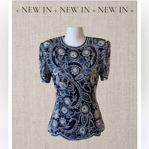 Albert Nipon Evening Beaded Elegant Navy Blue Embellished Women's Sz S Top